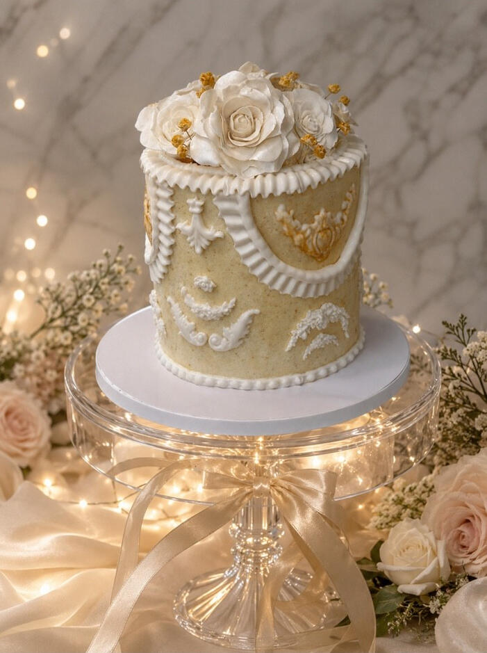 Elegant ivory custom cake featuring handcrafted fondant draping, intricate piping, and ornate gold details.